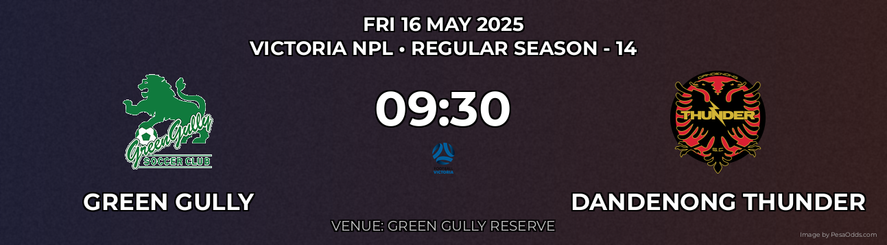 Green Gully vs Dandenong Thunder Prediction match poster for Victoria NPL fixture on FRI 16 MAY 2025