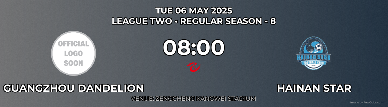 Guangzhou Dandelion vs Hainan Star Prediction match poster for League Two fixture on TUE 06 MAY 2025