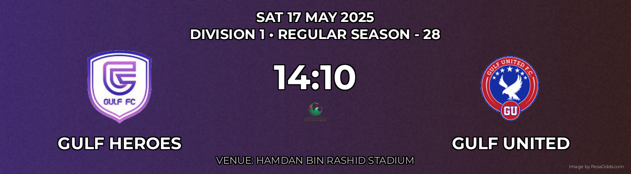 Gulf Heroes vs Gulf United Prediction match poster for Division 1 fixture on SAT 17 MAY 2025