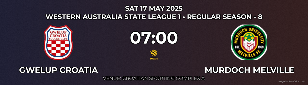 Gwelup Croatia vs Murdoch Melville Prediction match poster for Western Australia State League 1 fixture on SAT 17 MAY 2025