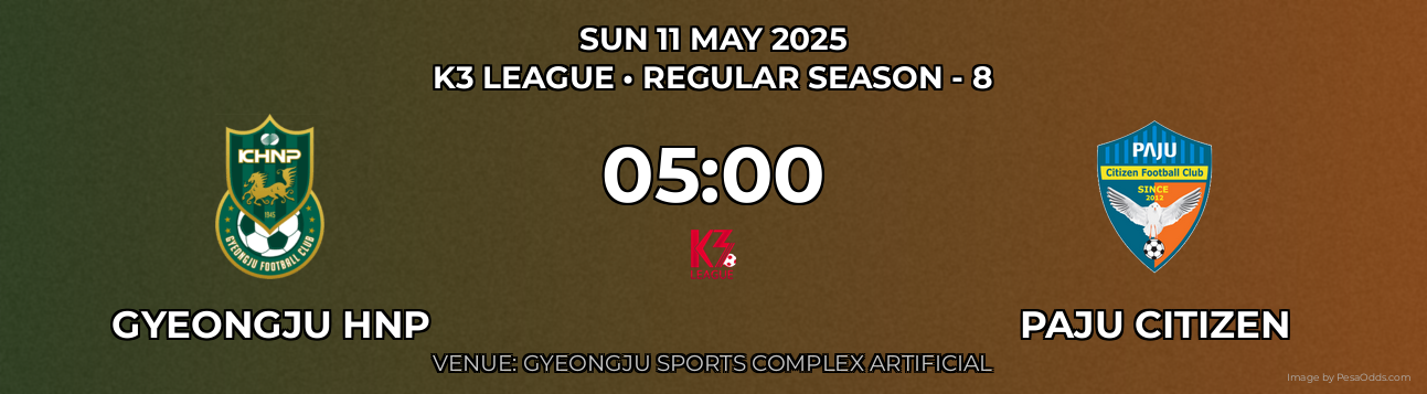 Gyeongju HNP vs Paju Citizen Prediction match poster for K3 League fixture on SUN 11 MAY 2025