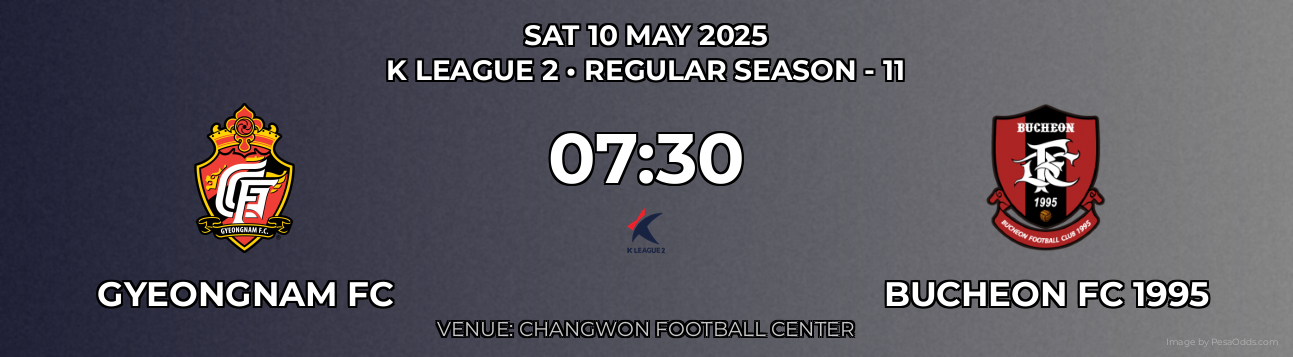 Gyeongnam FC vs Bucheon FC 1995 Prediction match poster for K League 2 fixture on SAT 10 MAY 2025