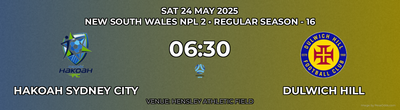Hakoah Sydney City vs Dulwich Hill Prediction match poster for New South Wales NPL 2 fixture on SAT 24 MAY 2025