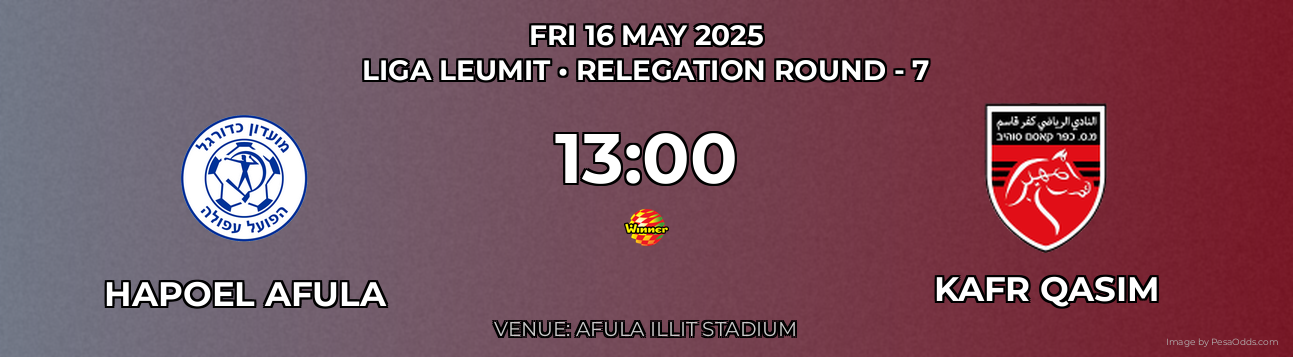 Hapoel Afula vs Kafr Qasim Prediction match poster for Liga Leumit fixture on FRI 16 MAY 2025