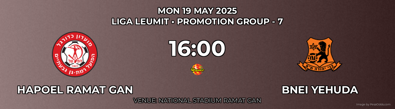 Hapoel Ramat Gan vs Bnei Yehuda Prediction match poster for Liga Leumit fixture on MON 19 MAY 2025