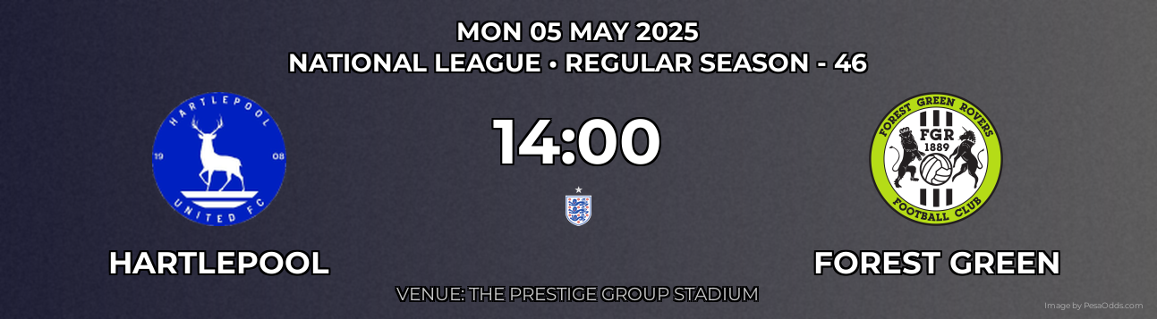 Hartlepool vs Forest Green Prediction match poster for National League fixture on MON 05 MAY 2025