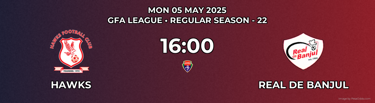 Hawks vs Real de Banjul Prediction match poster for GFA League fixture on MON 05 MAY 2025
