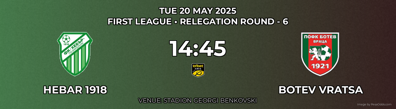 Hebar 1918 vs Botev Vratsa Prediction match poster for First League fixture on TUE 20 MAY 2025