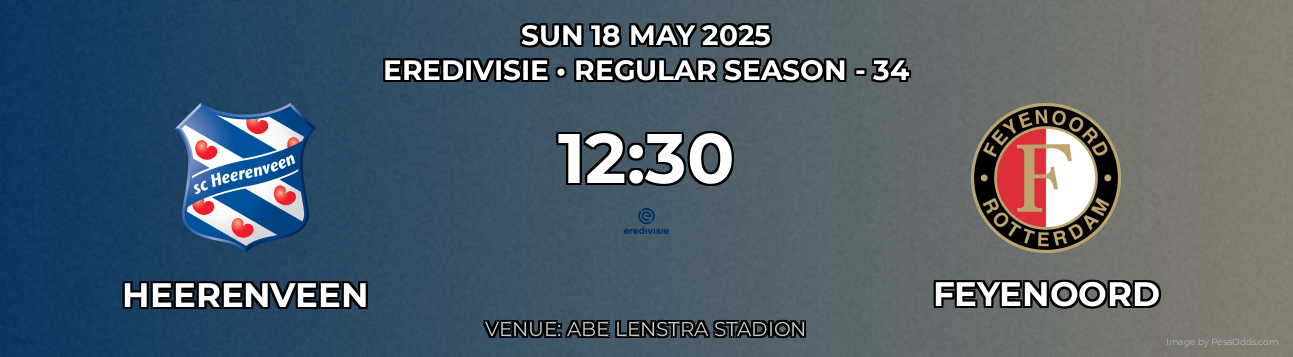 Heerenveen vs Feyenoord Prediction match poster for Eredivisie fixture on SUN 18 MAY 2025