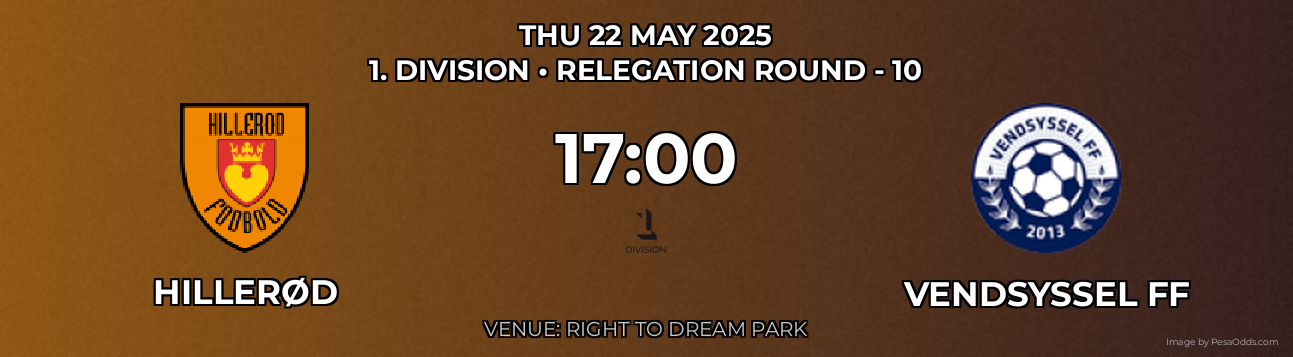Hillerød vs Vendsyssel FF Prediction match poster for 1. Division fixture on THU 22 MAY 2025