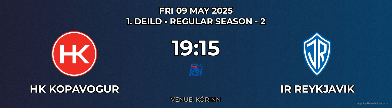 HK Kopavogur vs IR Reykjavik Prediction match poster for 1. Deild fixture on FRI 09 MAY 2025