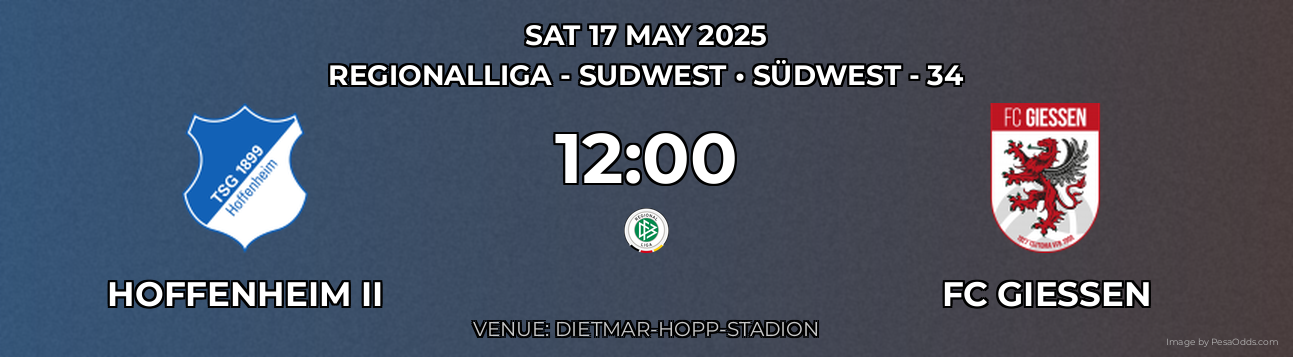 Hoffenheim II vs FC Gießen Prediction match poster for Regionalliga - SudWest fixture on SAT 17 MAY 2025