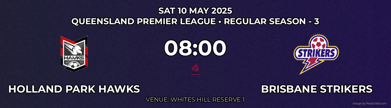 Holland Park Hawks vs Brisbane Strikers Prediction match poster for Queensland Premier League fixture on SAT 10 MAY 2025