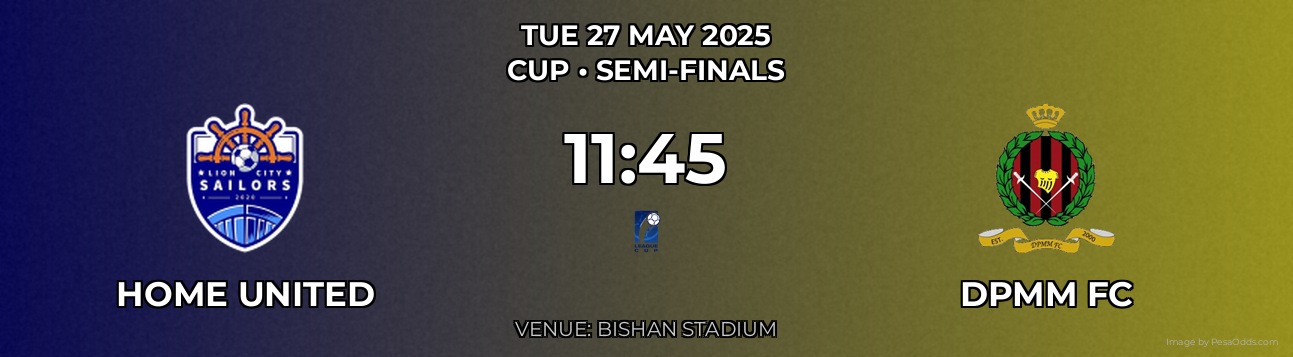 Home United vs DPMM FC Prediction match poster for Cup fixture on TUE 27 MAY 2025