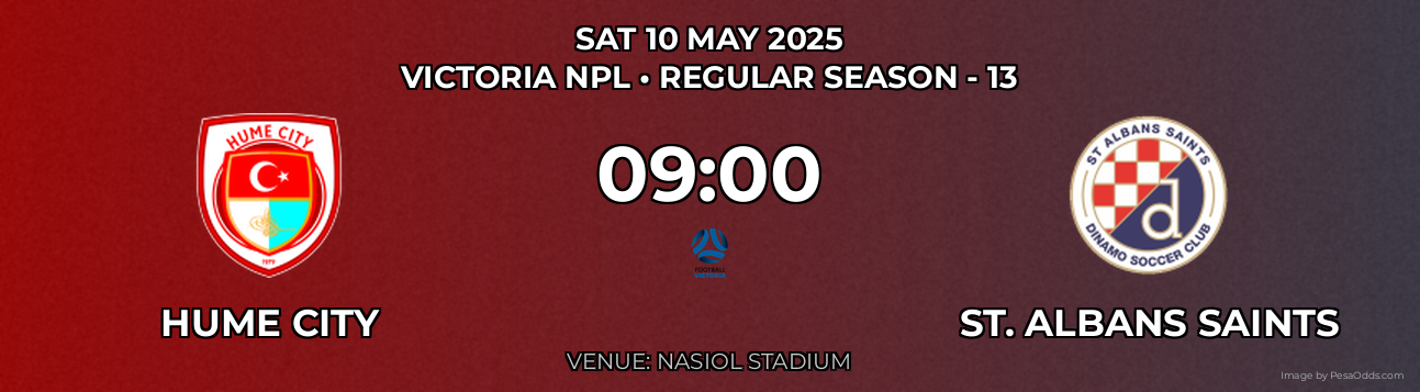 Hume City vs St. Albans Saints Prediction match poster for Victoria NPL fixture on SAT 10 MAY 2025