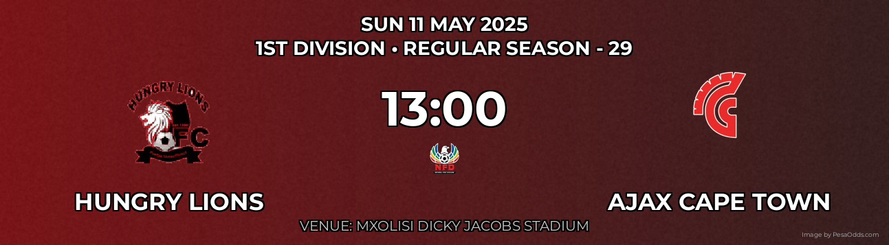 Hungry Lions vs Ajax Cape Town Prediction match poster for 1st Division fixture on SUN 11 MAY 2025