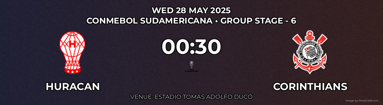 Huracan vs Corinthians Prediction match poster for CONMEBOL Sudamericana fixture on WED 28 MAY 2025