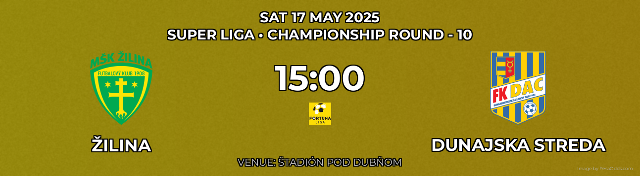 Žilina vs Dunajska Streda Prediction match poster for Super Liga fixture on SAT 17 MAY 2025