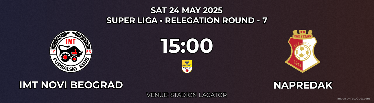 IMT Novi Beograd vs Napredak Prediction match poster for Super Liga fixture on SAT 24 MAY 2025