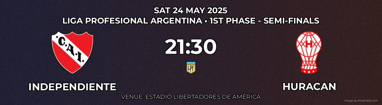 Independiente vs Huracan Prediction match poster for Liga Profesional Argentina fixture on SAT 24 MAY 2025