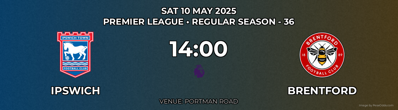 Ipswich vs Brentford Prediction match poster for Premier League fixture on SAT 10 MAY 2025