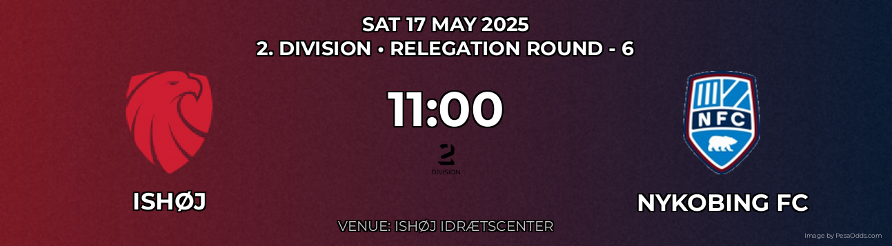Ishøj vs Nykobing FC Prediction match poster for 2. Division fixture on SAT 17 MAY 2025