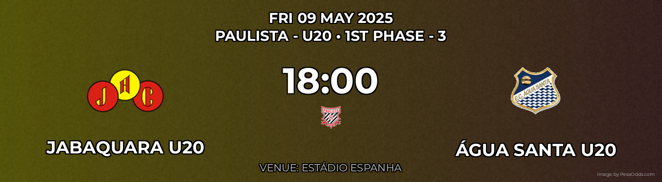 Jabaquara U20 vs Água Santa U20 Prediction match poster for Paulista - U20 fixture on FRI 09 MAY 2025