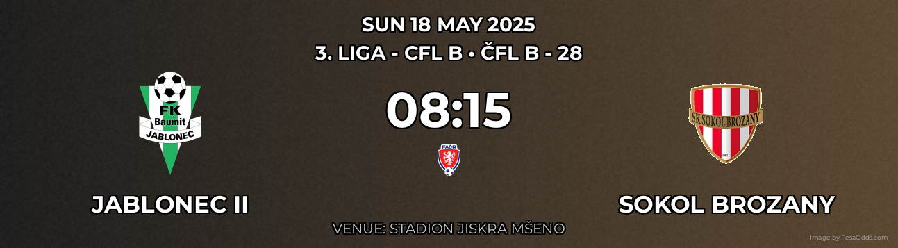 Jablonec II vs Sokol Brozany Prediction match poster for 3. liga - CFL B fixture on SUN 18 MAY 2025