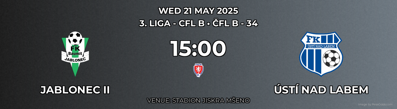 Jablonec II vs Ústí nad Labem Prediction match poster for 3. liga - CFL B fixture on WED 21 MAY 2025