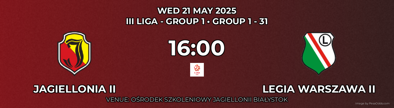 Jagiellonia II vs Legia Warszawa II Prediction match poster for III Liga - Group 1 fixture on WED 21 MAY 2025
