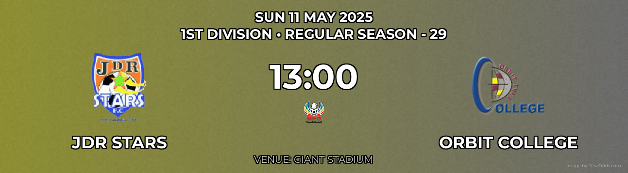 JDR Stars vs Orbit College Prediction match poster for 1st Division fixture on SUN 11 MAY 2025