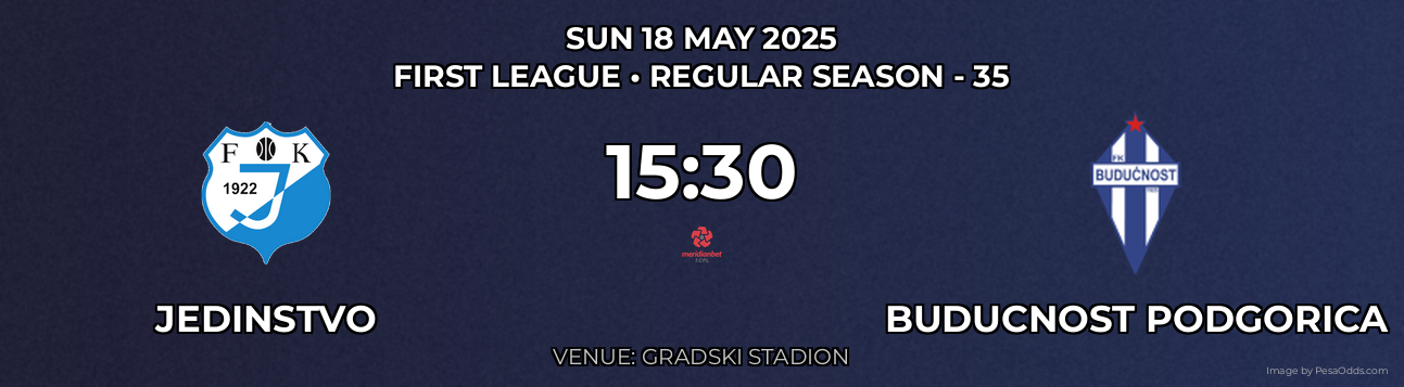 Jedinstvo vs Buducnost Podgorica Prediction match poster for First League fixture on SUN 18 MAY 2025