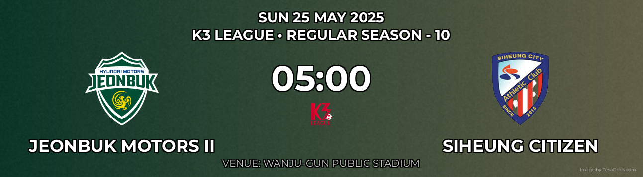 Jeonbuk Motors II vs Siheung Citizen Prediction match poster for K3 League fixture on SUN 25 MAY 2025