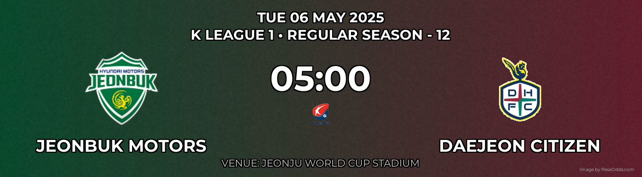 Jeonbuk Motors vs Daejeon Citizen Prediction match poster for K League 1 fixture on TUE 06 MAY 2025