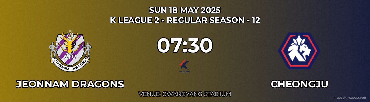 Jeonnam Dragons vs Cheongju Prediction match poster for K League 2 fixture on SUN 18 MAY 2025