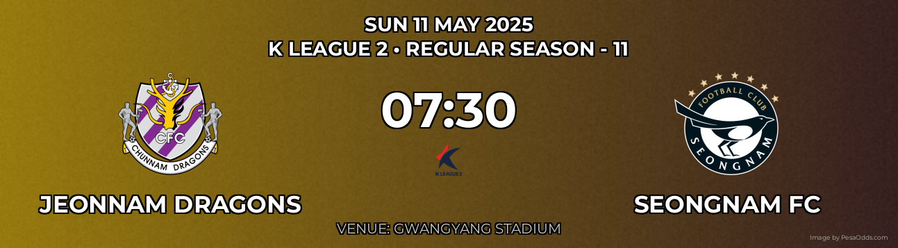 Jeonnam Dragons vs Seongnam FC Prediction match poster for K League 2 fixture on SUN 11 MAY 2025