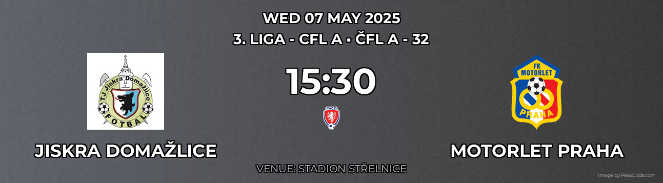 Jiskra Domažlice vs Motorlet Praha Prediction match poster for 3. liga - CFL A fixture on WED 07 MAY 2025