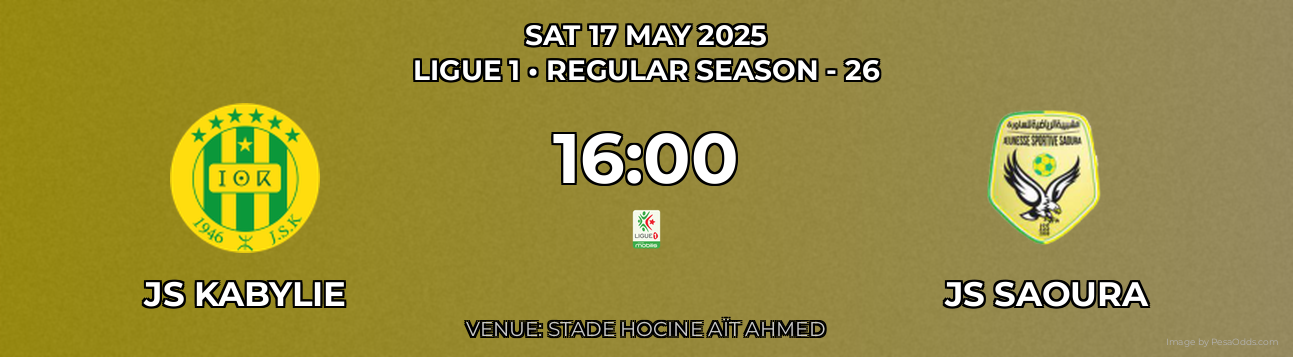 JS Kabylie vs JS Saoura Prediction match poster for Ligue 1 fixture on SAT 17 MAY 2025
