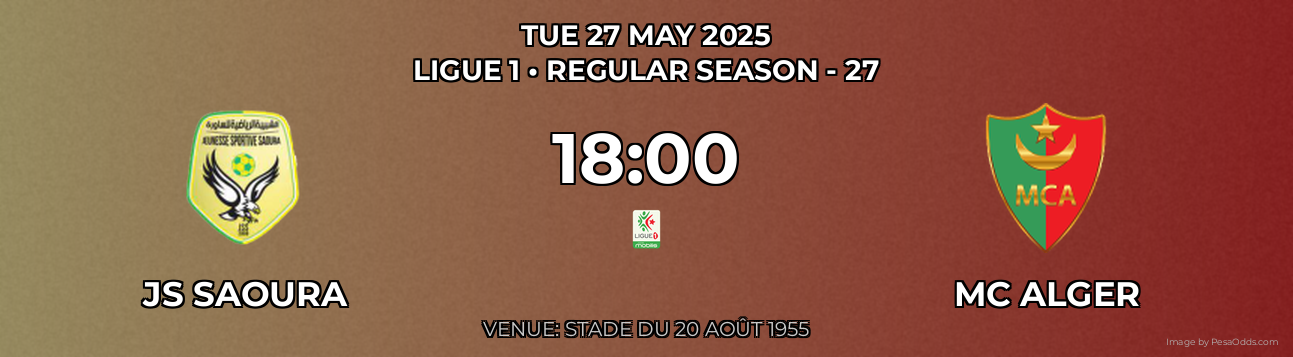 JS Saoura vs MC Alger Prediction match poster for Ligue 1 fixture on TUE 27 MAY 2025