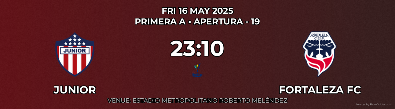 Junior vs Fortaleza FC Prediction match poster for Primera A fixture on FRI 16 MAY 2025