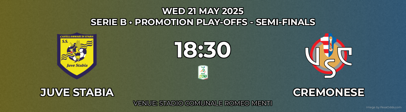 Juve Stabia vs Cremonese Prediction match poster for Serie B fixture on WED 21 MAY 2025