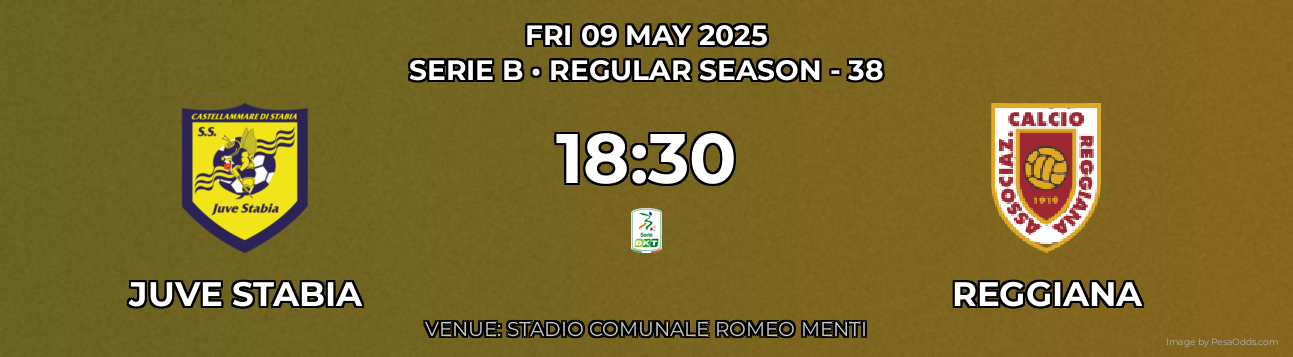 Juve Stabia vs Reggiana Prediction match poster for Serie B fixture on FRI 09 MAY 2025