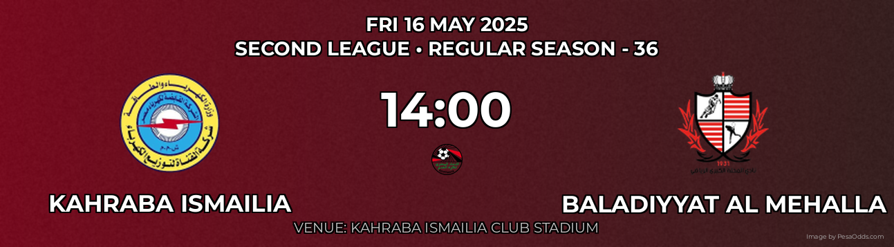 Kahraba Ismailia vs Baladiyyat Al Mehalla Prediction match poster for Second League fixture on FRI 16 MAY 2025