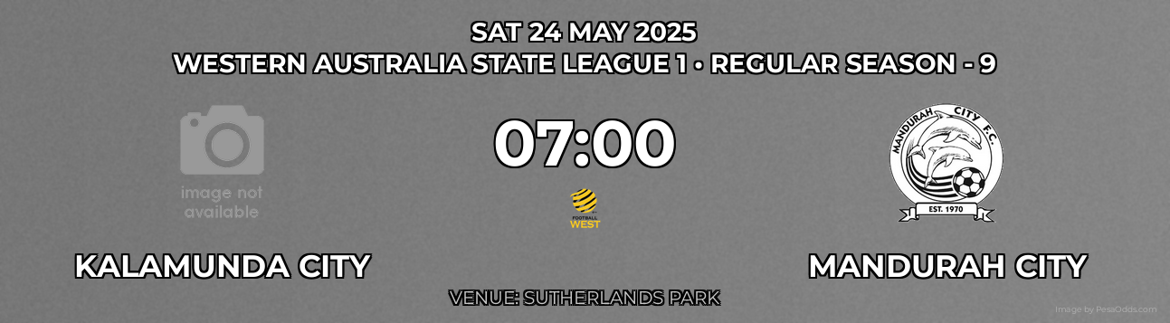 Kalamunda City vs Mandurah City Prediction match poster for Western Australia State League 1 fixture on SAT 24 MAY 2025