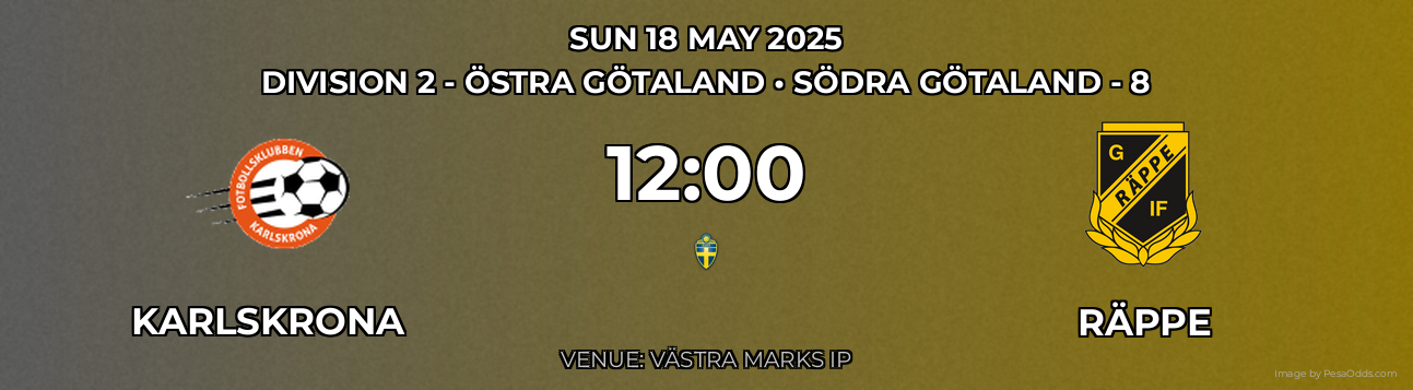 Karlskrona vs Räppe Prediction match poster for Division 2 - Östra Götaland fixture on SUN 18 MAY 2025