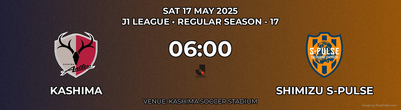 Kashima vs Shimizu S-pulse Prediction match poster for J1 League fixture on SAT 17 MAY 2025