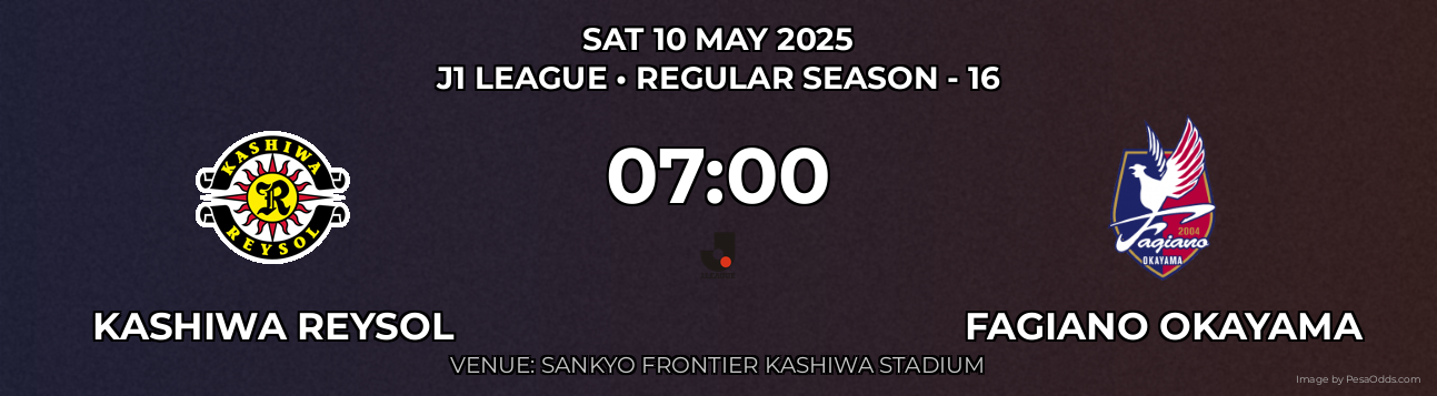 Kashiwa Reysol vs Fagiano Okayama Prediction match poster for J1 League fixture on SAT 10 MAY 2025