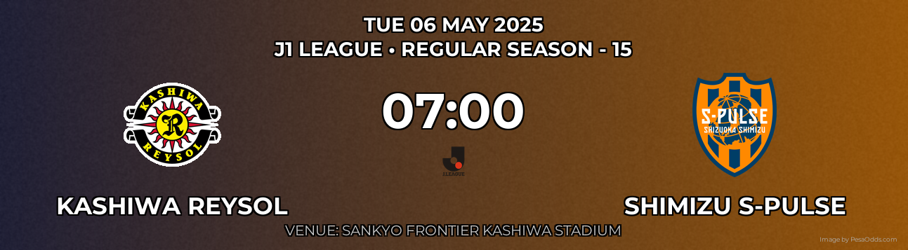 Kashiwa Reysol vs Shimizu S-pulse Prediction match poster for J1 League fixture on TUE 06 MAY 2025