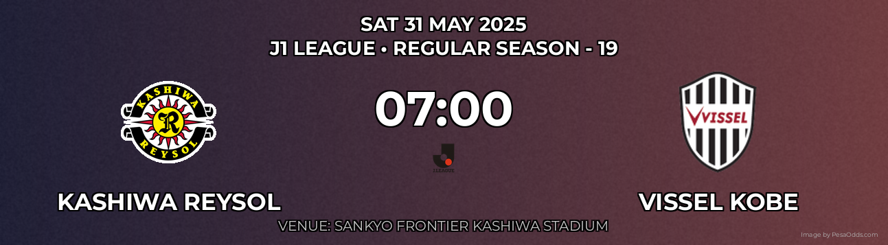 Kashiwa Reysol vs Vissel Kobe Prediction match poster for J1 League fixture on SAT 31 MAY 2025