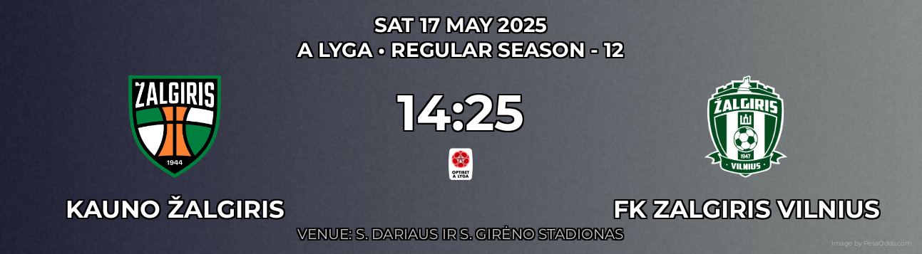 Kauno Žalgiris vs FK Zalgiris Vilnius Prediction match poster for A Lyga fixture on SAT 17 MAY 2025